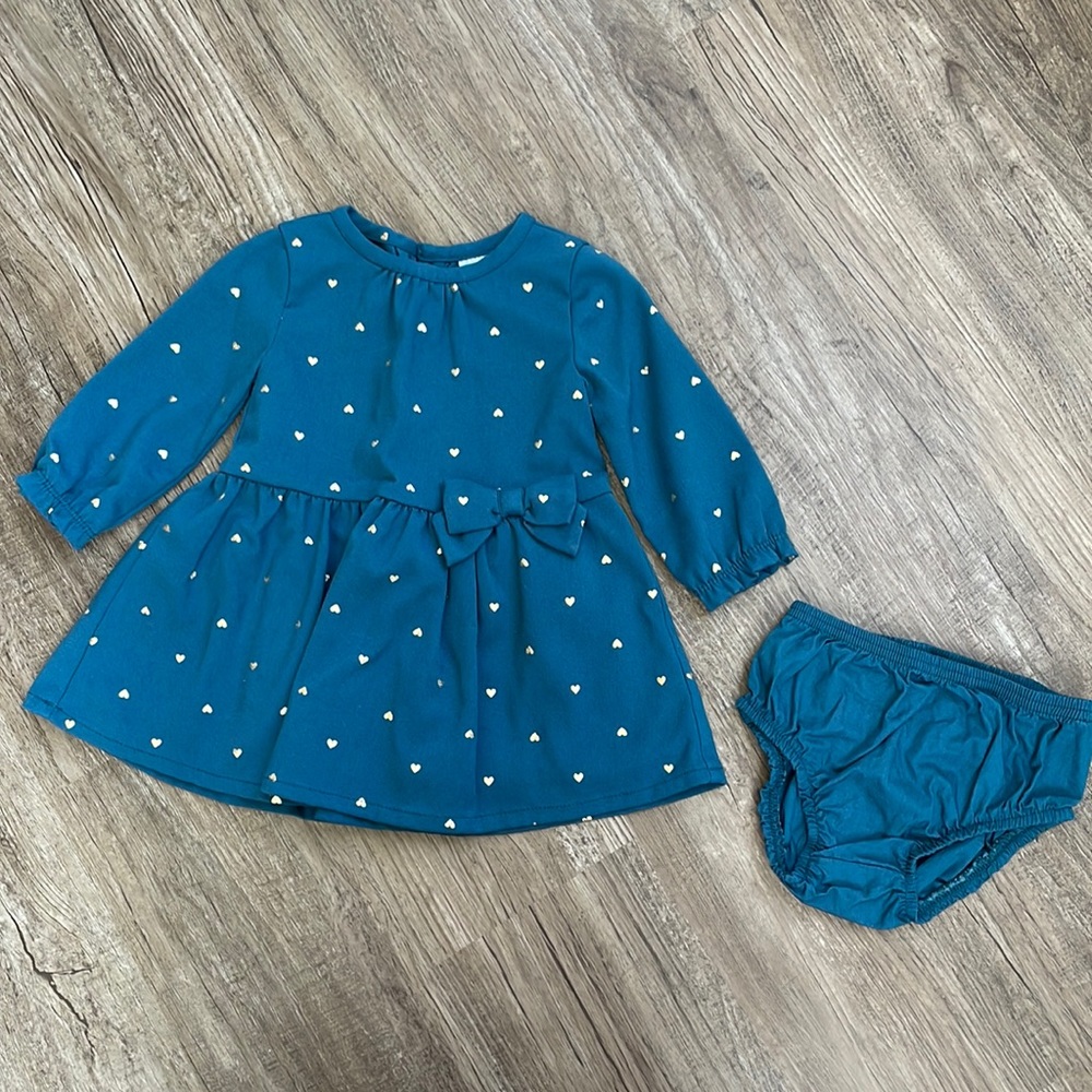 Carter’s Baby Girl Teal Dress with Gold Hearts 9M